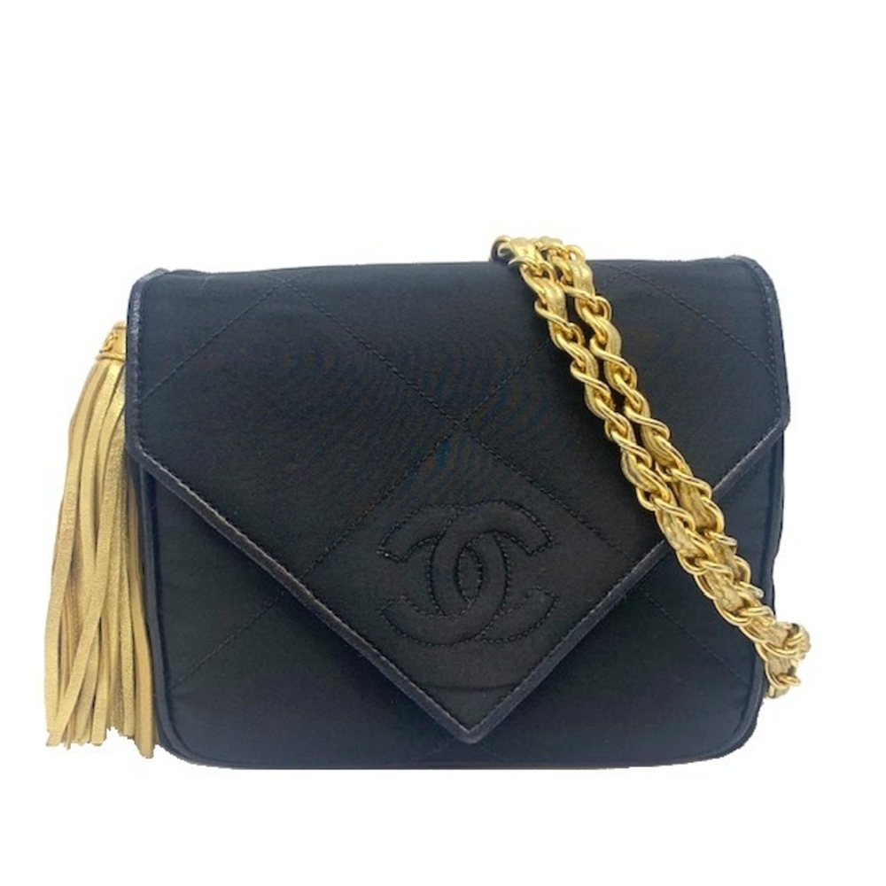 CHANEL Satin Chain Shoulder Bag Gold Fringe Black